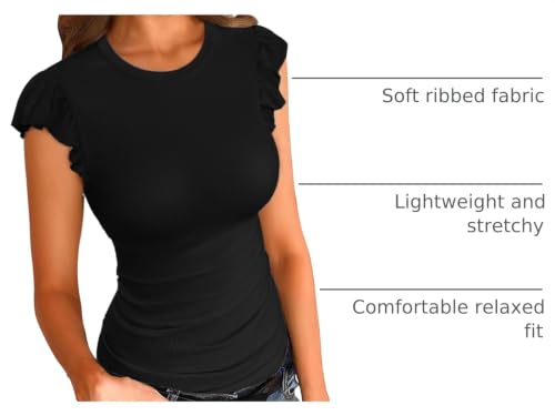 Image of VICHYIE Summer Women Ruffle Cap Sleeve Pretty Fitted Shirt | Ribbed Knit, Basic, Casual, Fashion Blouse, Solid Color