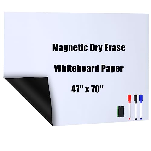 Magnetic Dry Erase Whiteboard Contact Paper White Board Wall Paper Magnetic White Board Wall Decal Peel and Stick for Classroom Playroom Office with 3 Markers and Eraser(47 x 70 Inch)
