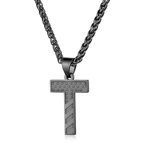 Laeclily Initial Necklace for Men Stainless Steel Pendent Chain Personalized T Letter Necklaces Black Christmas Jewelry Gifts