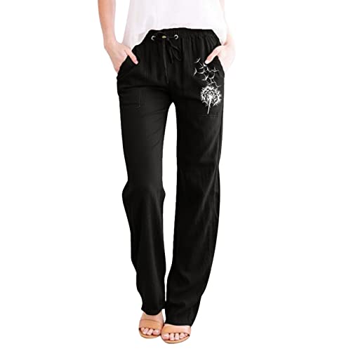 Womens Dandelions Printing Casual Trousers Drawstring High Waist Straight Leg Pant Cotton Linen Trousers with Pockets (Black, L)