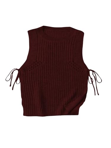 Image of MakeMeChic Women's Sleeveless Round Neck Drawstring Side Split Hem Knited Casual Sweater Vest