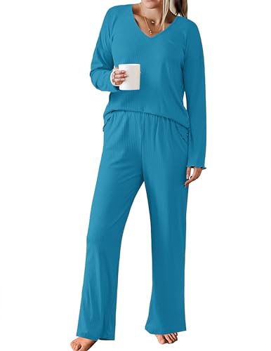 Ekouaer Womens Ribbed Knit Pajamas Set V Neck Long Sleeve Pj Set 2 Piece Loungewear Casual Sleepwear Lake Blue L