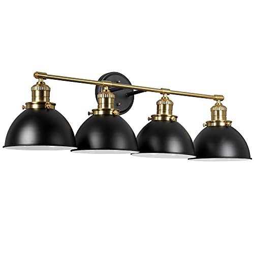 Image of Design House Savannah Rustic Farmhouse 4-Light Bathroom Vanity Light, Dimmable, Satin Gold, Matte Black Metal Shade, 34.25 in x 9 in x 10.88 in, 589051-BGD