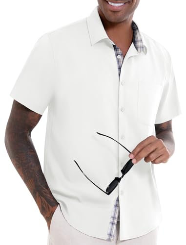 DEMEANOR Mens Linen Shirts Summer Short Sleeve Button Down Beach Vacation Wedding Shirt Tops with Pocket - Main Image
