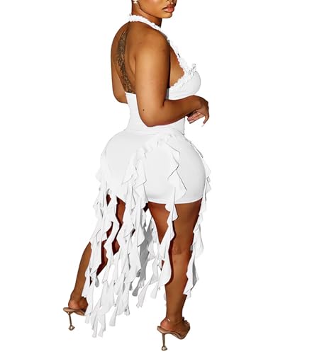 Image of Aro Lora Womens Sexy Halter Neck Sleeveless Ruffle Tassel Party Club Bodycon Mini Dress