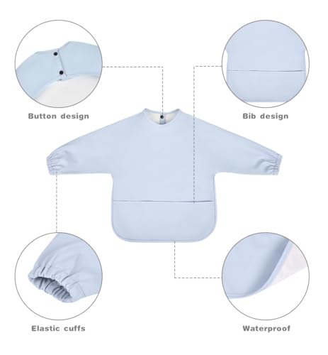 Vicloon Baby Weaning Bibs, PU Feeding Bibs with Long Sleeves and Large Pockets, Waterproof Toddler Bibs Easy to Clean - Image 4