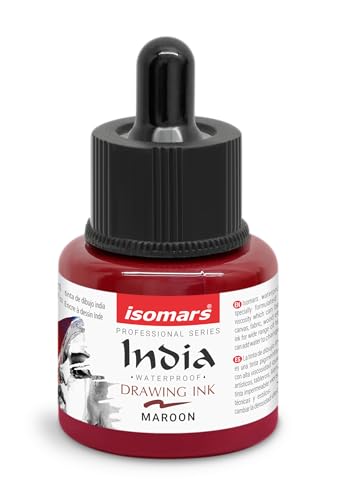 Image of Isomars Waterproof Drawing Ink with Dropper - 35ml | India Ink for Calligraphy, Art, Technical Drawing | Fade-Resistant & Quick-Drying (Maroon)