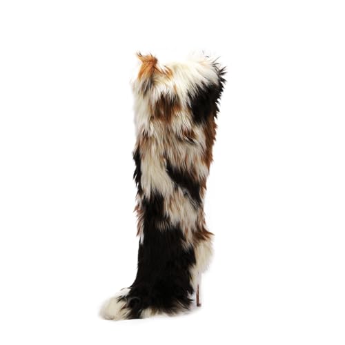 FancyQueen Faux Fur Boots for Women Knee High Furry Heel Boots Fashion Pointed Toe Snow Winter Boot Warm Women Boot