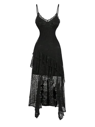 GORGLITTER Damen Kleid Elegant Spitzen Trägerkleid Cami Midikleid Ärmellos V Ausschnitt Midi Spitzenkleid Partykleid Festival Outfit Schwarz M