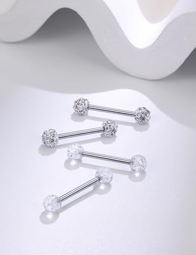 Prjndjw 8-12Pairs 14G 16G Nipple Rings Surgical Steel Tongue Rings Barbell Nipplering Diamond CZ Body Piercing Jewelry Retainer for Women Men 14mm Length Size4