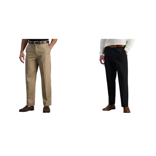 Bundle of Haggar Mens Premium No Iron Khaki Classic Fit Expandable Waist Flat Front Casual Pants, Khaki, 32W x 32L US + Black, 32W x 32L US