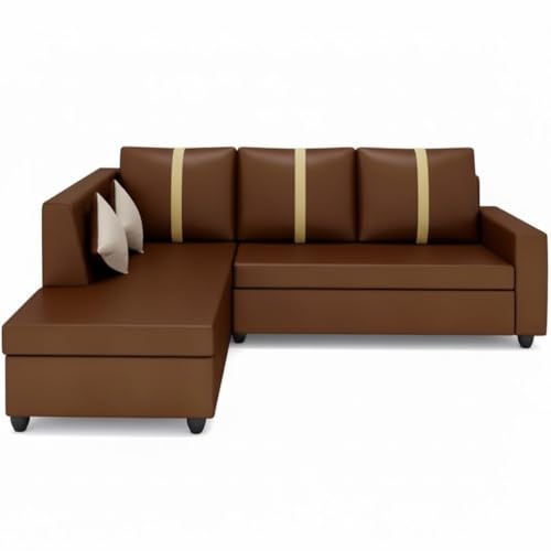 Image of FURNY Nathanoy 4 Seater Leatherette LHS L Shape Sofa Set (Brown) Premium Finish | Ideal for Living Rooms