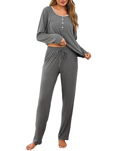 Aseniza Pigiama Donna Invernale Pigiami da Donna in Pizzo Lungo Bottoni Due Pezzi Cotone Set Pigiama Maniche Lunghe Leggero Grigio S