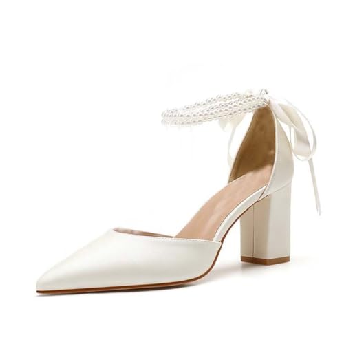 IvoireCh Chaussures de mariage blanches nacrées pour mariée à talons hauts et bout pointu Chaussures de mariée à talons carrés en satin pour bal de fin...