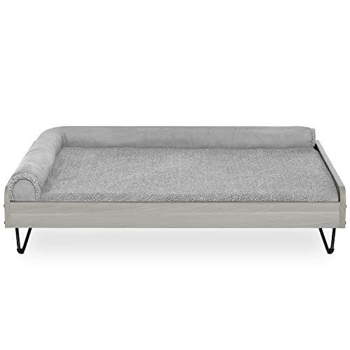 Wooden Dog Bed with Water Resistant Mattress, Large to Extra Large Elevated Pet Bed with Calming Mattress, Greenguard Gold Certified, Modern Dog Couch, Silver, Asher - TailZzz
