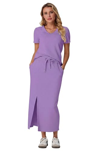 Image of GRECERELLE Women Summer Casual 2 Piece Sets V-Neck Wrinkle-Free Top & Elastic Waist Midi Side Slit Skirt with Pockets