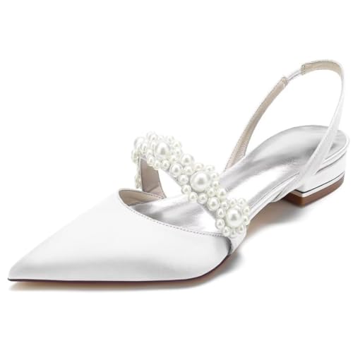 Image of Satin Pearls Wedding Shoes for Bride Flat Pointed Toe Women Slingback Flats