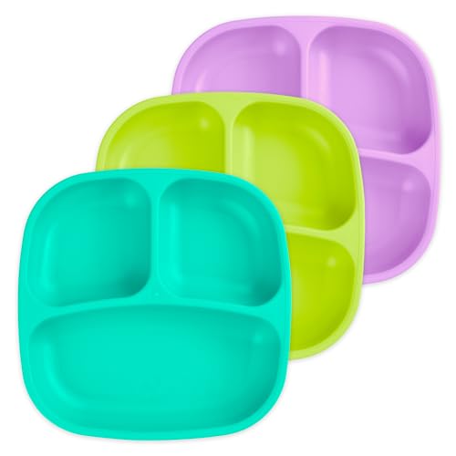 Image of Re-Play Divided Toddler Plates Set of 3 - Deep-Walled 3 Compartment Kids Plates for Picky Eaters - Dishwasher & Microwave Safe - BPA-Free - Made in USA, Mermaid