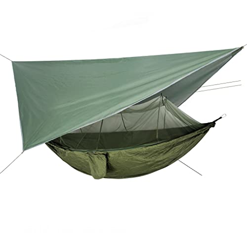 Amaca da campeggio doppia con telo impermeabile e zanzariera, leggero, portatile, in nylon, 400D, per escursioni e viaggi, attrezzatura da campeggio essenziale