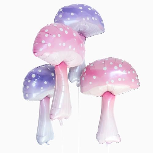 TiAaihion 4pcs 23*35 inch Pink & Purple Iridescent Magic Mushroom Balloons for Birthday, Carnival & Special Events