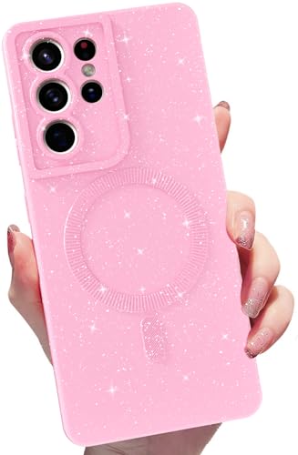 MINSCOSE for Samsung Galaxy S21 Ultra Magnetic Neon Phone Case[Compatible with Magsafe],Cute Bling Glitter Thin Slim Shockproof Sparkly Cover for Women Girl for Samsung Galaxy S21 Ultra -Pink
