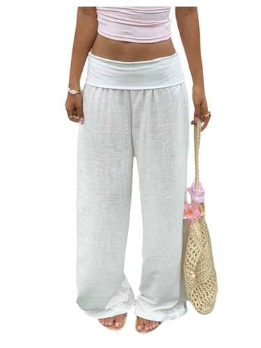 Women's Wide Leg Linen Pants Low Rise Foldover Casual Lounge Pants Vacation Trousers
