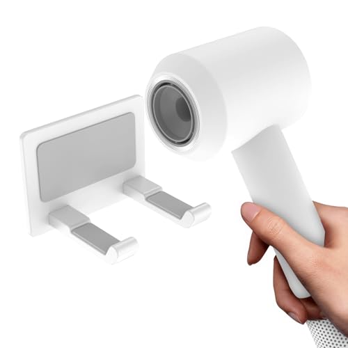 Universal Hair Dryer Holder Wall Mount, Self Adhesive Blow Dryer Rack Organizer for Bathroom and Bedroom Compatible with Most Hair Dryers, White