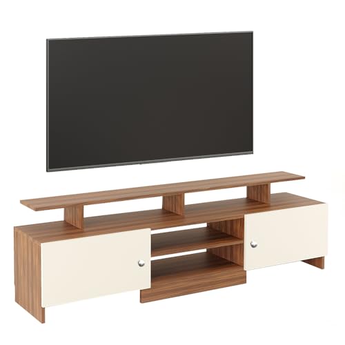 Image of FURNEASER KSV Modern TV Unit for Living Room | Engineered Wood TV Cabinet with Storage Shelves | Entertainment Center TV Stand for Home (Fits Up to 65 Inch TV) | DIY Space Saving (Exotic Teak & White)
