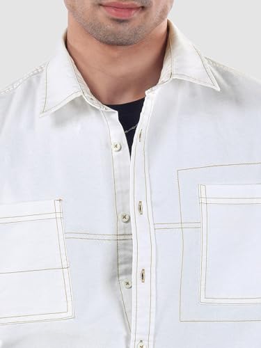 Image of Beyoung Cotton Contrast Stitch Relaxed Fit Shirt for Men | Dual Pockets | Full Sleeves | Casual Shirt