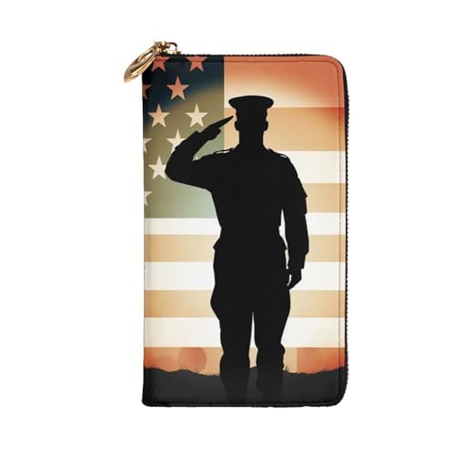 Womens Wallet Leather Slim Wallet Long Card Holder Case Zip Clutch Thank You Soldier Saluting America Flag Travel Purse3