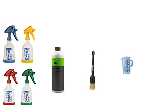 4 Kwazar Mercury Super PRO+ 360 graden Viton spuitfles 0,5 liter + 1 liter KOCH Chemie Green Star universele reiniger + ValetPRO Large Sash Brush No. 16 zwart + Detailmate 50ml maatbeker
