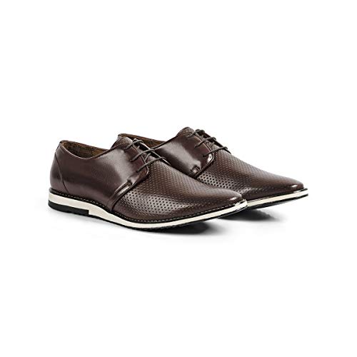 Sapato Casual Masculino Derby Couro Legítimo Perfurado England Reverso - 1105 - Tabaco Cor:Marrom;Ta