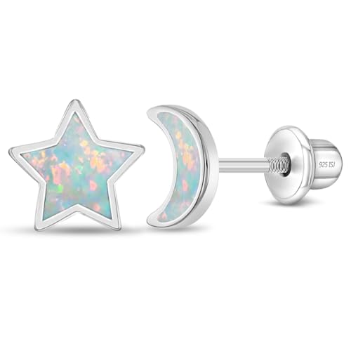 925 Sterling Silver Simulated Opal Moon and Star Safety Screw Back Earrings For Little Girls - Celestial Moon and Star Earrings For Younger Girls