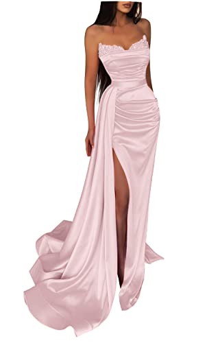 Fanciest Women's Beaded Mermaid Prom Dresses 2025 Satin Ball Gown Long Formal Evening Gowns with Slit