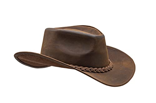 HADZAM Block Made of Grain Leather Cowboy hat for Men & Women Shapeable into Outback hat Great for Western Vintage Looks. Red Brown