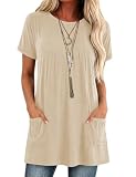 Poetsky Tunic Tops To Wear with Leggings Button Down Short Sleeve Ladies Tops and Blouses with Pockets Pleated T Shirts Beige M