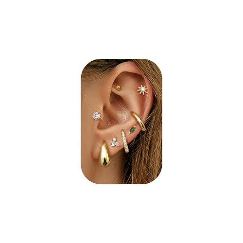 FUNRUN JEWELRY Hypoallergenic Gold Studs Earrings for Women Flat Back Stud Cartilage Earring Set Surgical Steel for Sensitive Ear 14K Gold Small Huggie Hoop Flatback Earrings for Helix Piercing Jewelry