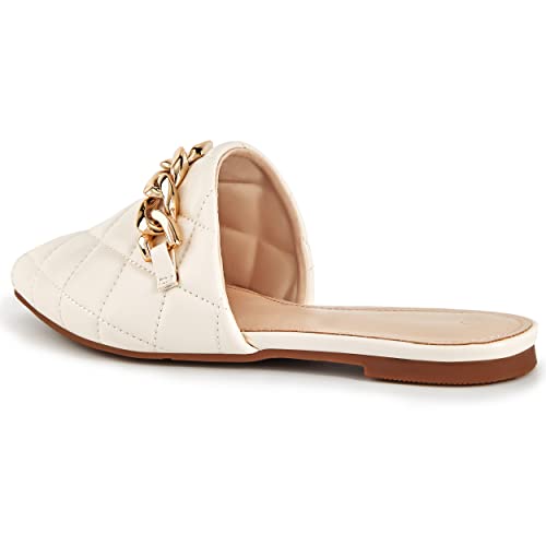 Womens Flat Mules Closed Pointed Toe Slip On Low Heel Chain Loafers Slides Backless Shoes Beige #TOP2