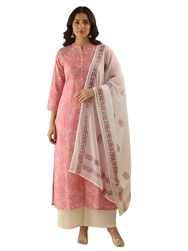 Image of Yash Gallery Women's Pure Cotton White Floral Rubber Print A-line Kurta Pant Set with Dupatta with Fancy Front Buttons, One Side Functional Pocket