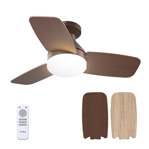 Image of Amico Ceiling Fans with Lights, 30 inch Low Profile Ceiling Fan with Light and Remote Control, Flush Mount, Reversible, 3CCT, Dimmable, Noiseless, Brown Ceiling Fan for Bedroom, Indoor /Outdoor Use