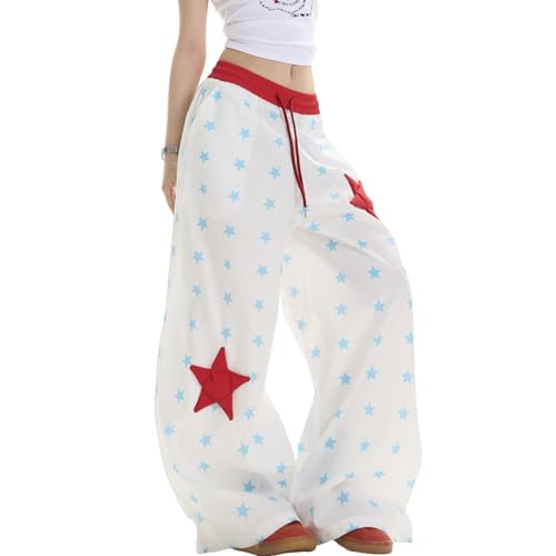 Women's Baggy Cargo Pants High Waist Y2K Parachute with Retro Star Print Drawstring Loose Wide Leg Casual Track Pants3