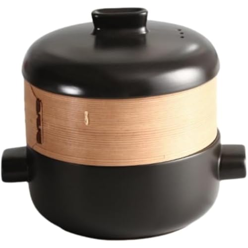 MYJYG日本の蒸し器キャセロール 蒸し器付きスープポット シチューポット 竹製多層ホテル 家庭用セラミックキャセロール蒸し器 せいろ付きホーロー鍋 蒸籠 セット セイロ (0.5L,蒸し器付きブラック)