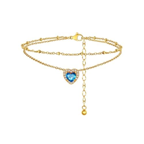 FindChic Bling Heart Birthstone Anklets Layered Beaded Ankle Bracelets for Women Gold/Black/Silver 12 Month Gem Colors Foot Chain Summer Jewelry for Girls, with Gift Box Gold 12. Dec.-Create