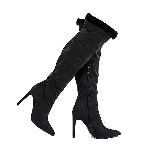 getmorebeauty Women's Knee High Boots Stiletto Heel Suede Upper Furry Sleeve Side Zipper Wide Calf Thigh High Boots for Winter