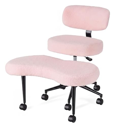 Image of DUMOS Ergonomic ADHD Meditation Office Desk Chair with Adjustable Backrest, Cross Legged Chair Height Adjustable with 360 Swivel Footstool, Yoga Stool for Home Office, Teddy Fabric Pink