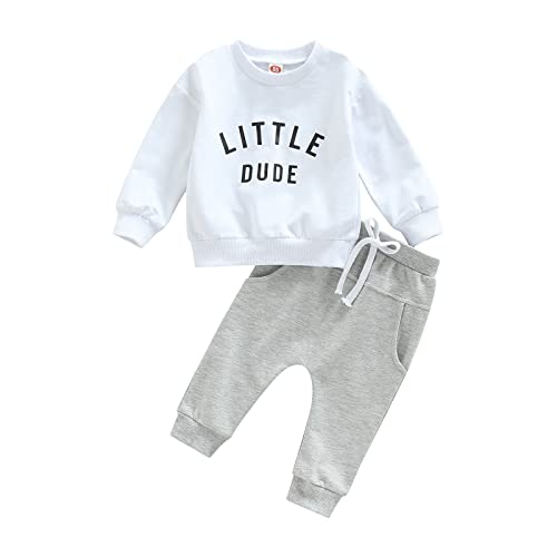 Image of wdehow Infant Toddler Baby Boy 2Pcs Outfits Long Sleeve Letters Print Pullover Tops + Drawstring Pants Set Fall Winter Clothes (X-White, 0-6 Months)