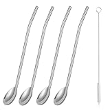 Sorfia 4Pcs Stainless Steel Straws Spoons, 2 in 1 Reusable Snow Cone Drinking Stainless Steel Ice Tea Metall Long Spoons Straws with 1 Cleaning Brushes for Cocktail Milkshake(4)