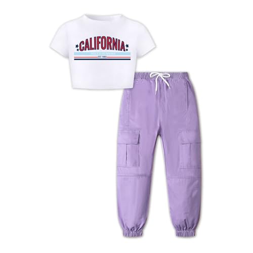 Image of Betusline Cute Clothes for Teen Girls, White T Shirt and Purple Cargo Pants Outfits Multi-Pocket Elastic Waist Pull on Cargo Pants, 7-8 Years = Tag 140