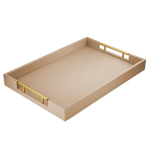 ATZYmolin 17" x 12" Wood Serving Tray with Gold Polished Metal Handles, Home Decorative Wooden Rectangle Ottoman Leather Decor Platter Bathroom Vanity Tray for All Occasions Khaki