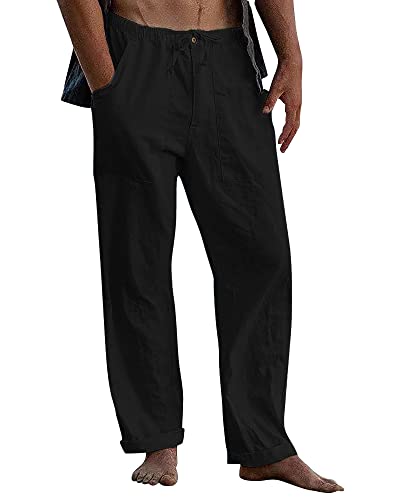 DUOLUVA Leinen Hose Männer Casual Strandhose Herren Baumwolle Yoga Hose Männer Schwarz XL